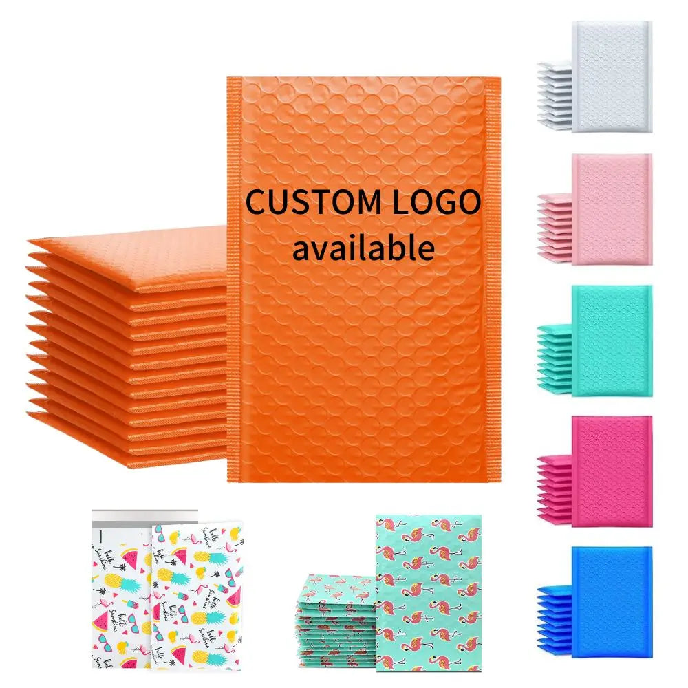 Orange bubble poly mailer bag with 'CUSTOM LOGO available' text, stacked