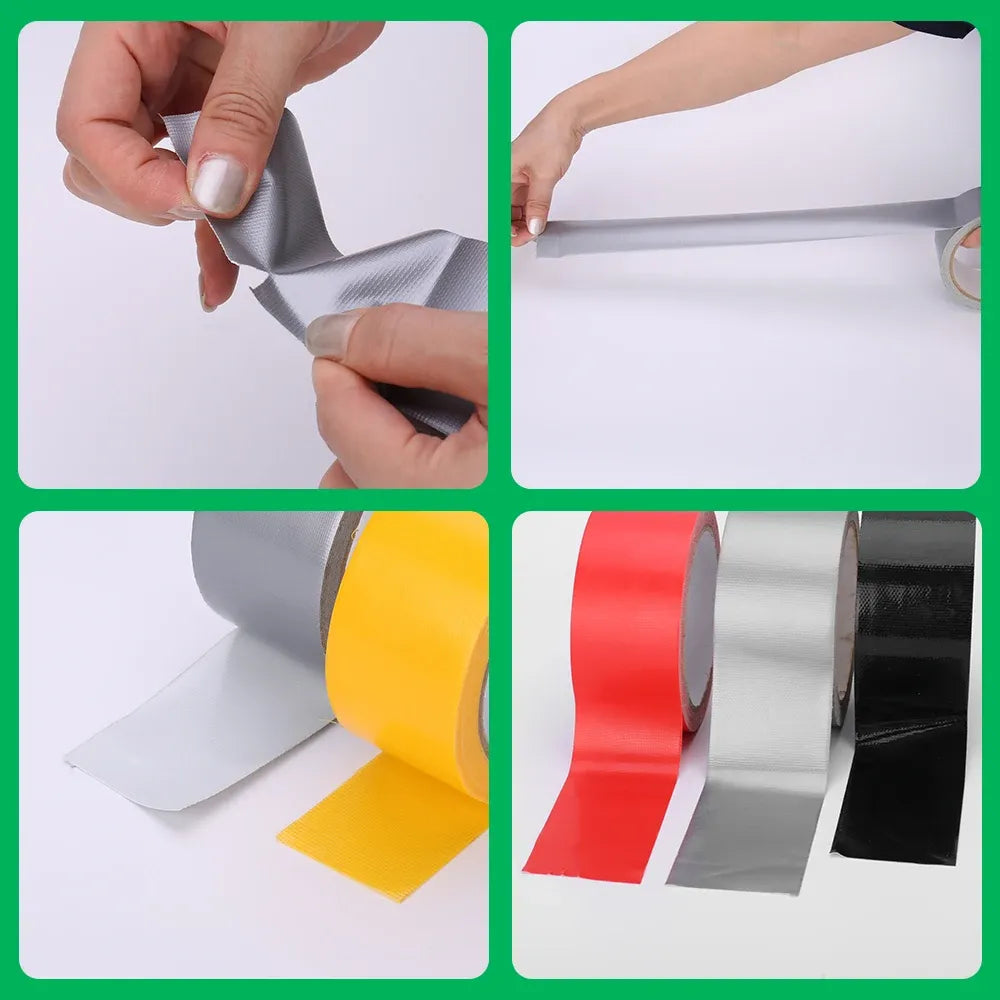 Cloth duct tape application close-up with hands holding and smoothing the tape
