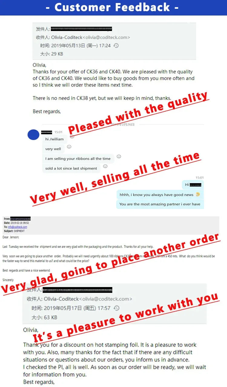Thermal transfer ribbon jumbo roll customer feedback page with highlighted review messages