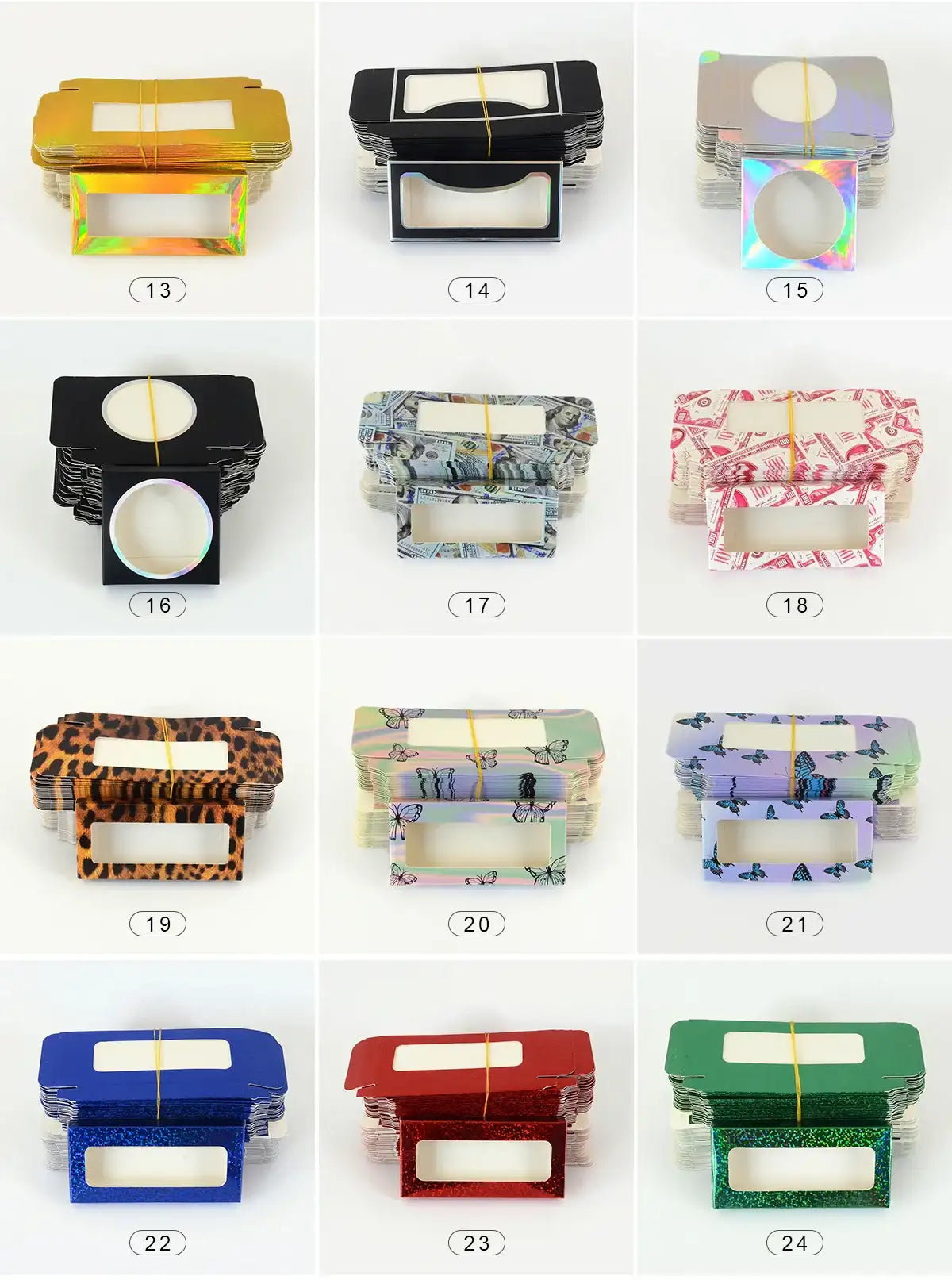 A grid showing twelve styles of empty rectangular boxes for 3D mink false eyelashes with varied patterns and colors.