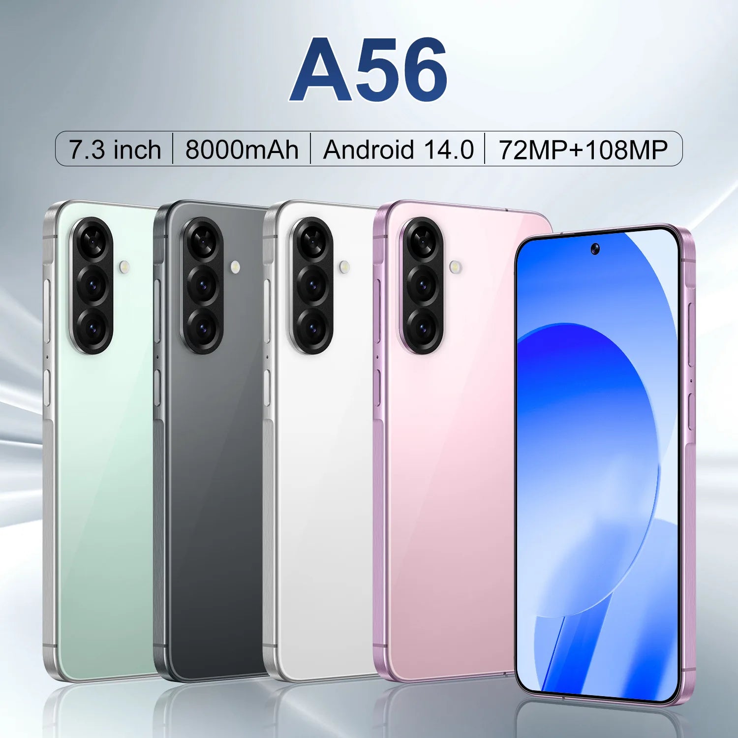 Set of multi-color smartphones with front screens and triple-lens rear camera modules