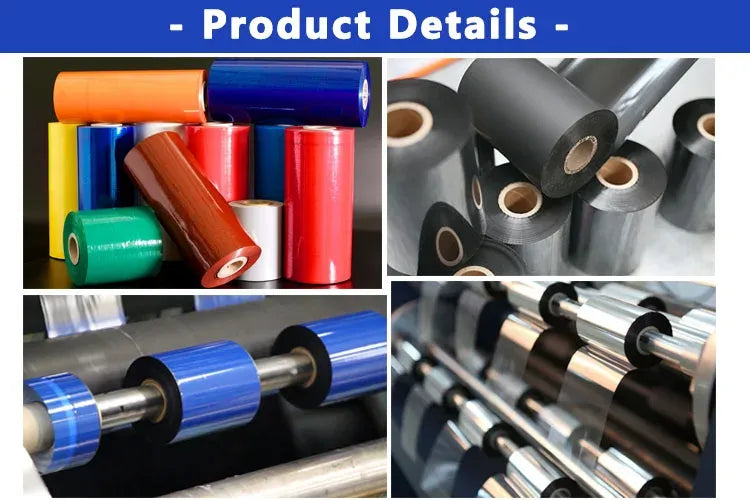Product details collage showing thermal transfer ribbon cores and colored labels