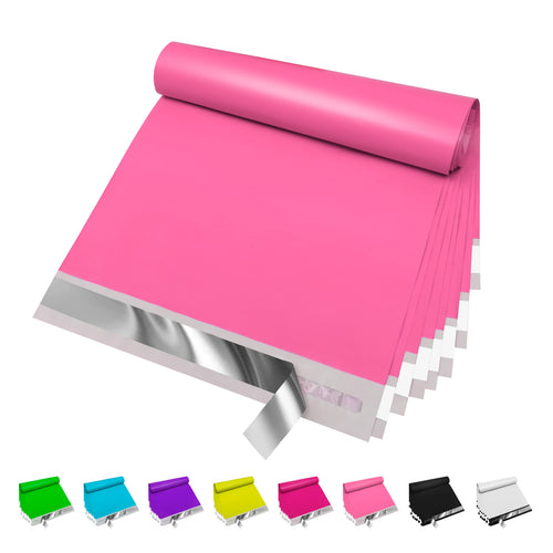 Pink 10x13 biodegradable poly shipping bags, rolled bundle with self-seal strip