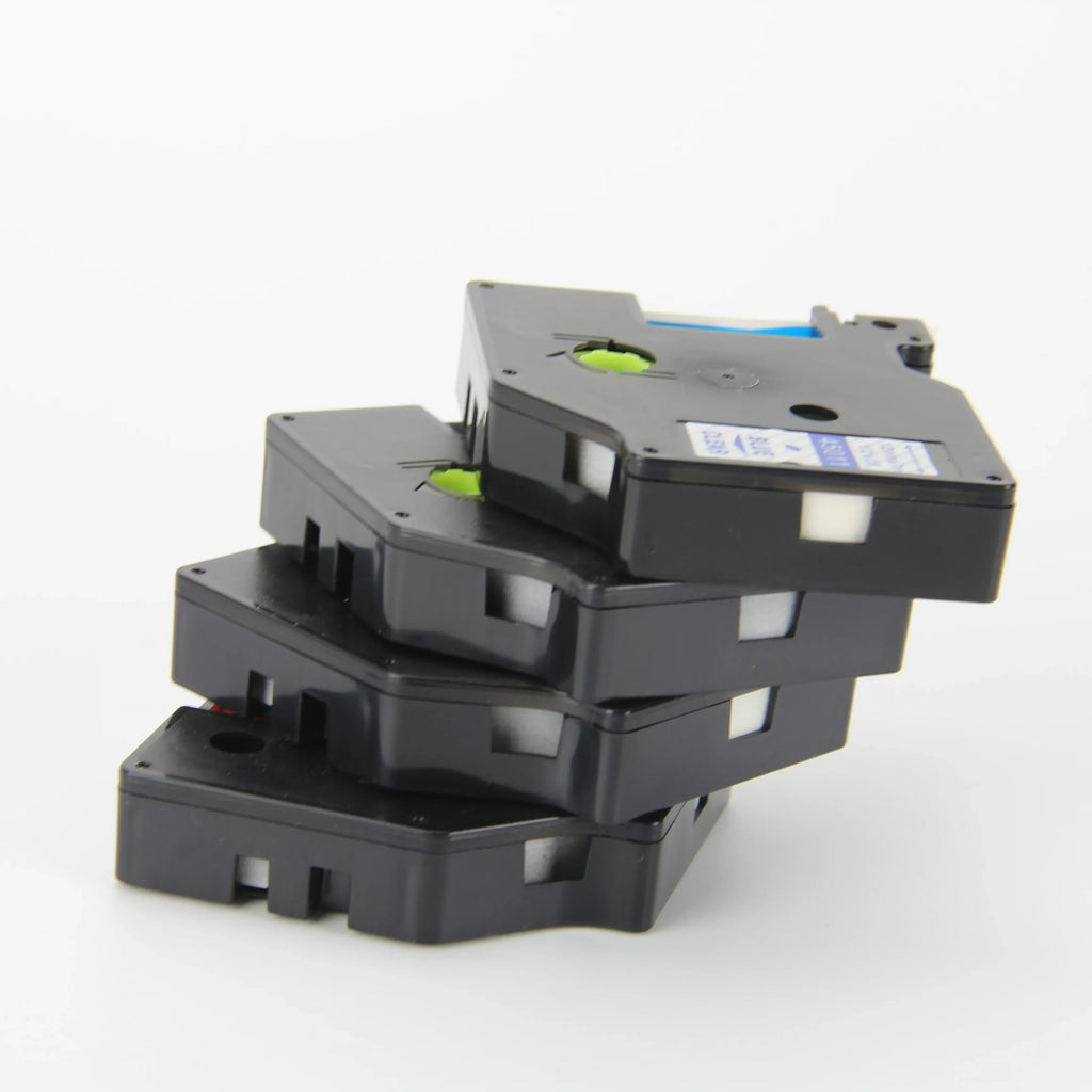 Stacked view of black D1 thermal tape cassettes with blue strip and green indicator