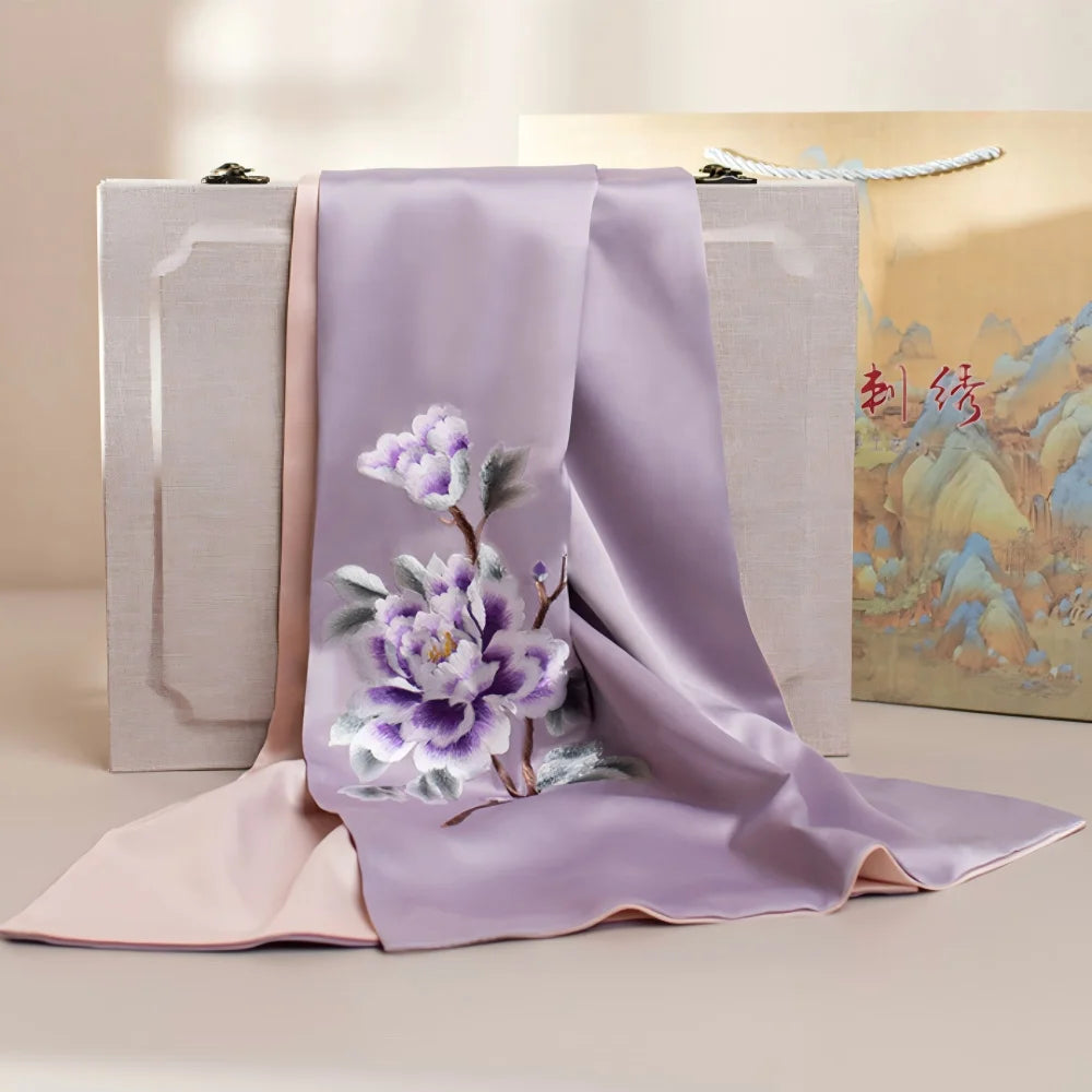 Luxury Artisan Gift Box: Embroidered Silk Scarf with Brooch