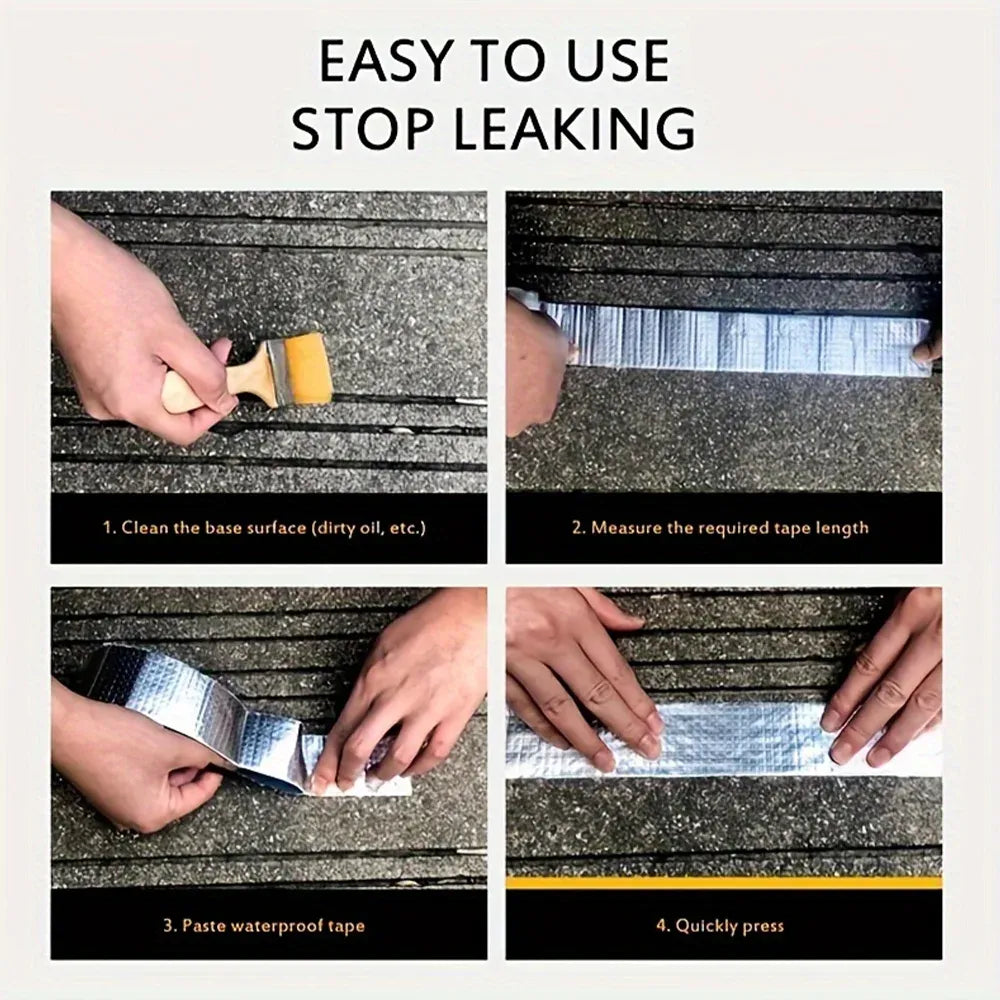 Aluminum foil butyl flashing tape showing easy leak stop steps on roof boards