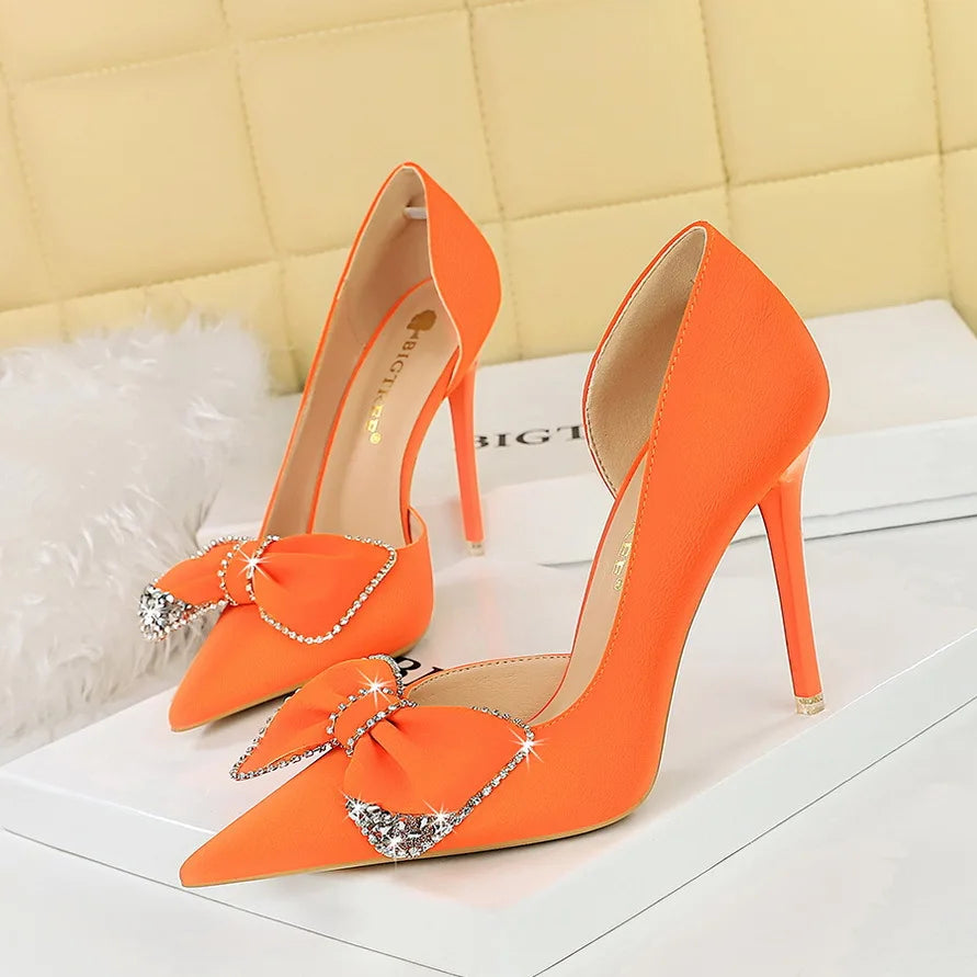 2026 New Water Crystal Bow Tie Womens Formal Solid Slip-On Thin Heels Party Professional High Heels