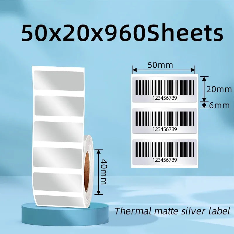 Thermal matte silver label strip with barcodes, 50mm x 20mm size shown