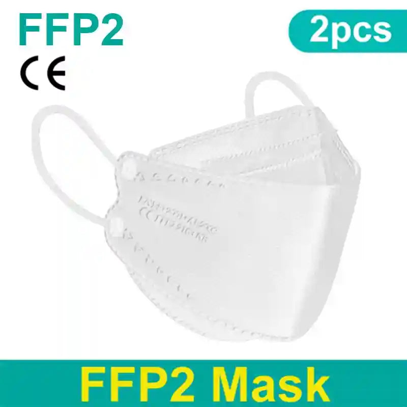 White 4-layer FFP2 KN95 face mask respirator with breathable fabric texture, 2-pack set, CE certified dustproof design.