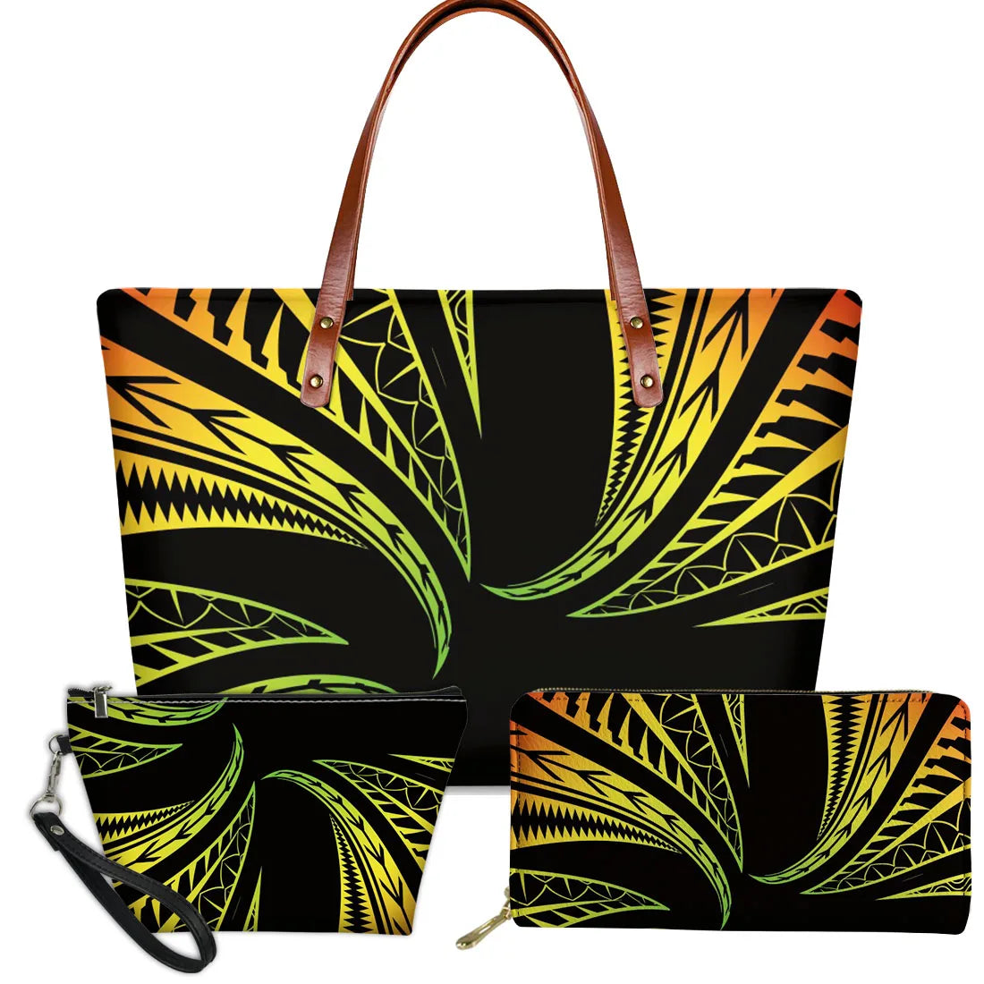 3-piece handbag set with black, yellow, and orange Polynesian tribal print, leather straps, and zip closures.