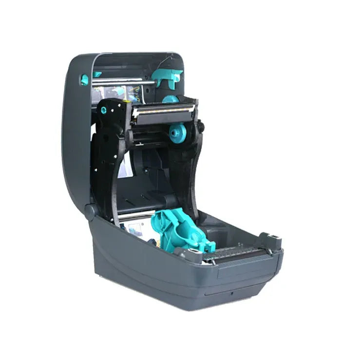 Thermal label printer with open lid, showing ribbon drive and internal print parts