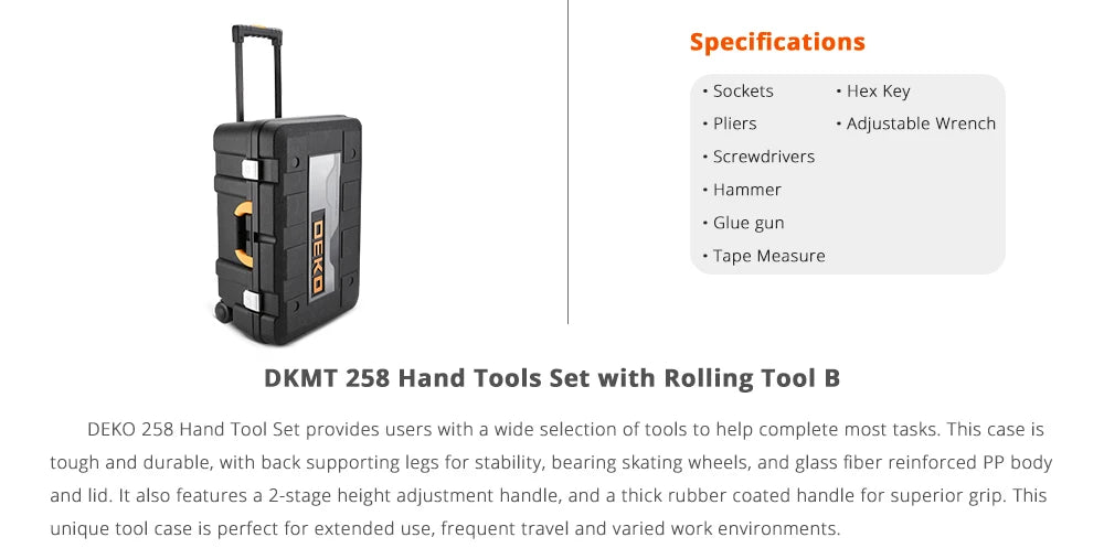 DEKO 258pcs Home DIY Hand Tool Set Professional Hand Tool Luggage Three-layer Rolling Portable Storage Box