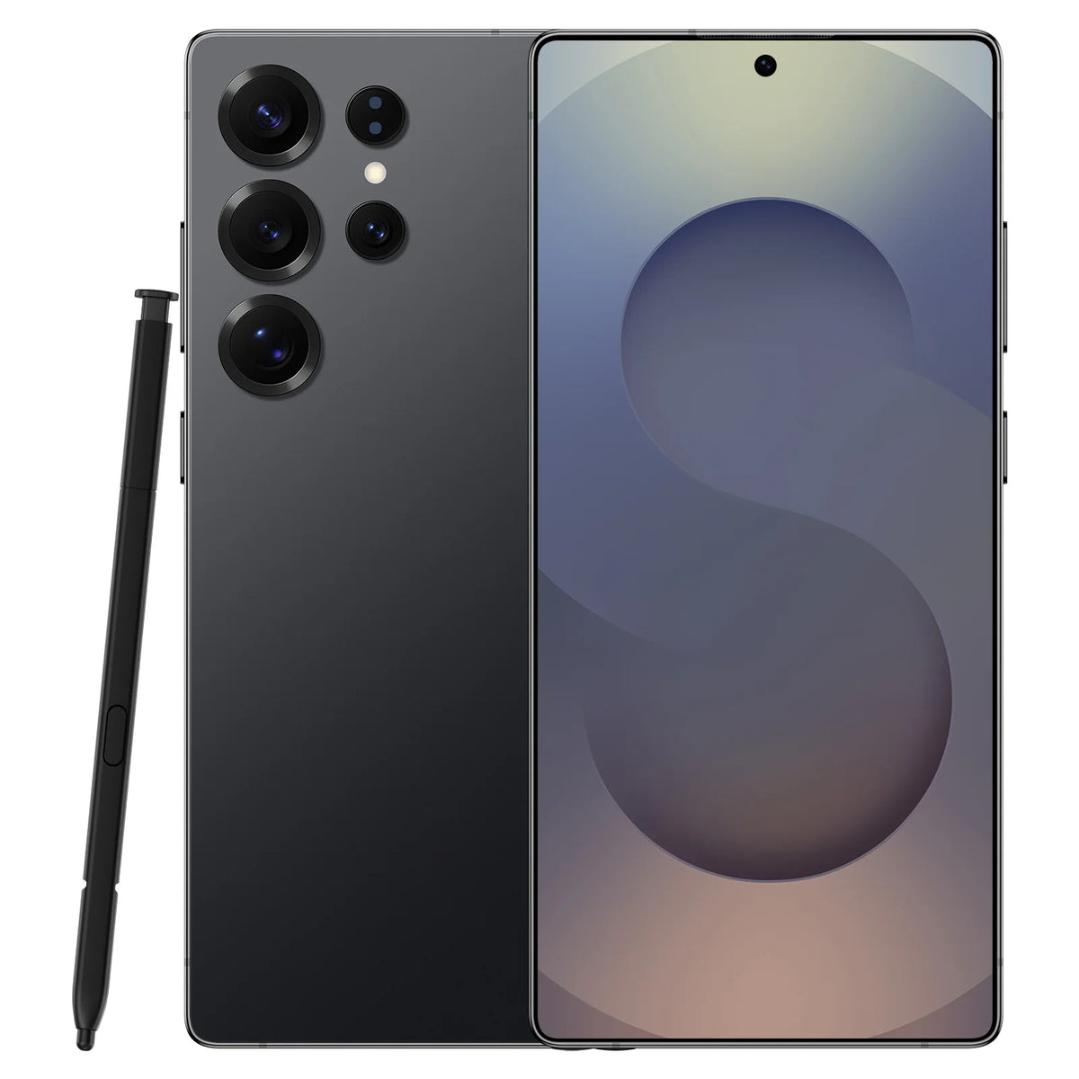 S25 Ultra smartphone, black back with quad cameras and dark front display with oval pattern