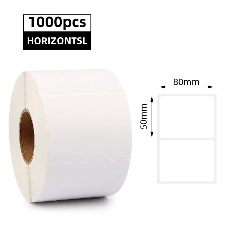 White thermal label roll, 80mm x 50mm label size, core visible on left