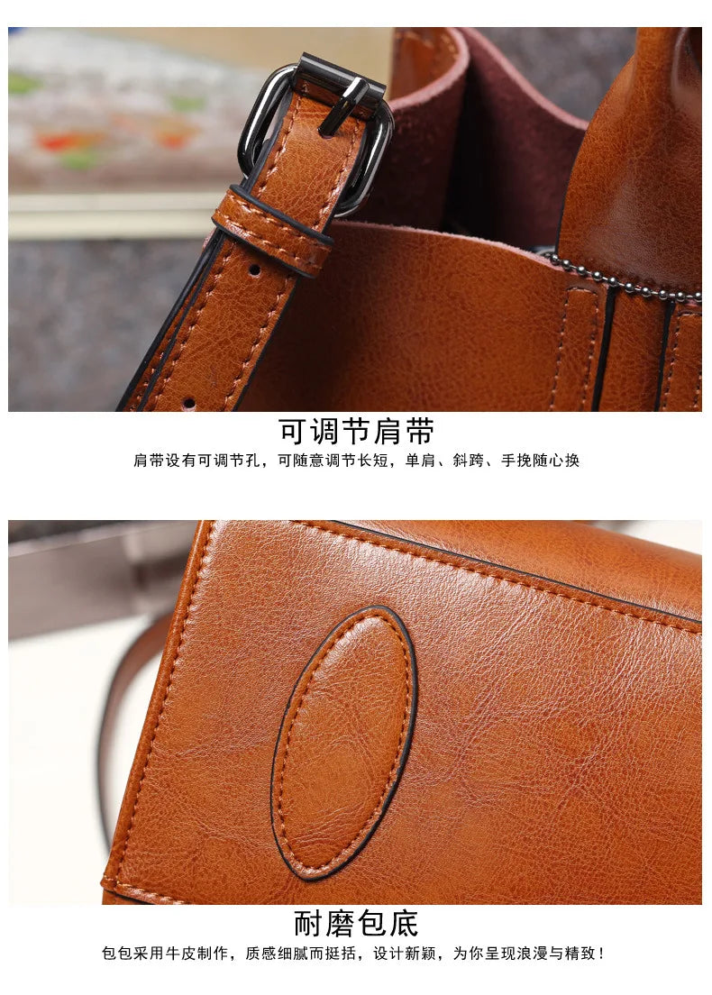 Brown genuine leather luxury trunk handbag with adjustable strap, metal buckle detail, and reinforced durable base.