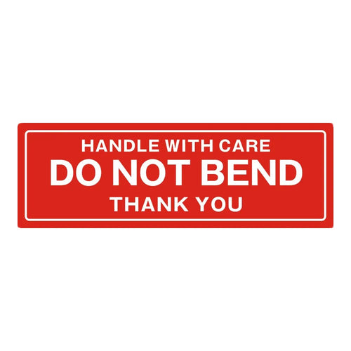 Red “Handle with care—Do not bend” shipping warning sticker
