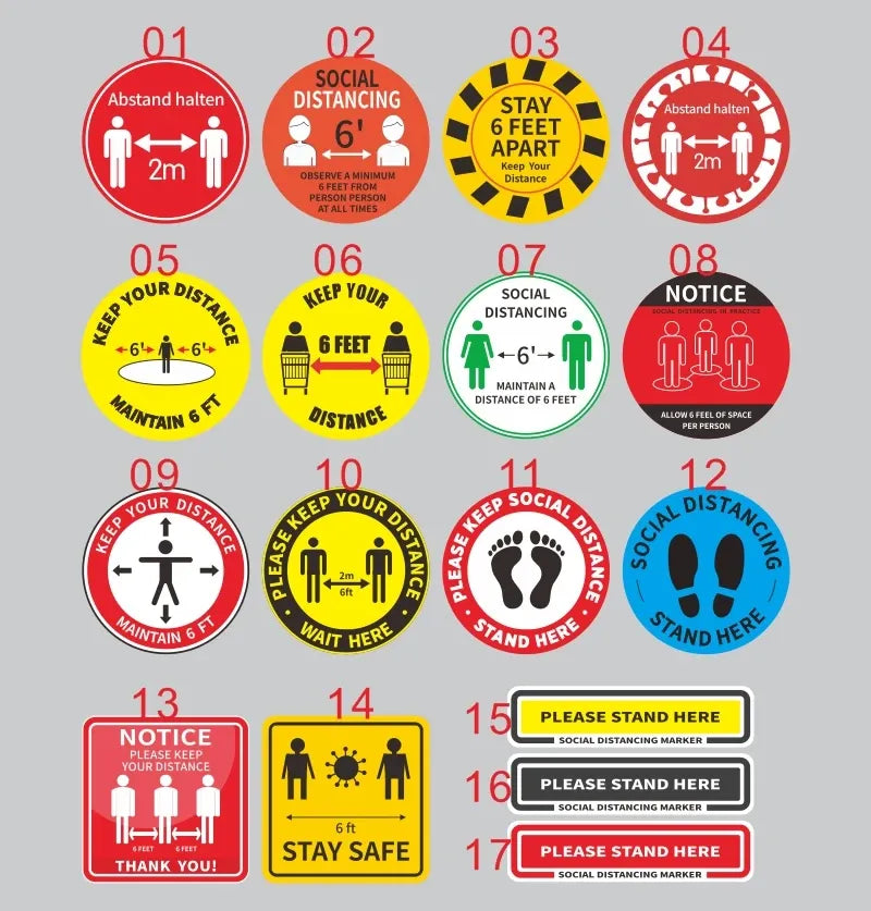 Numbered set of social distancing floor decal stickers with 'please stand here' labels