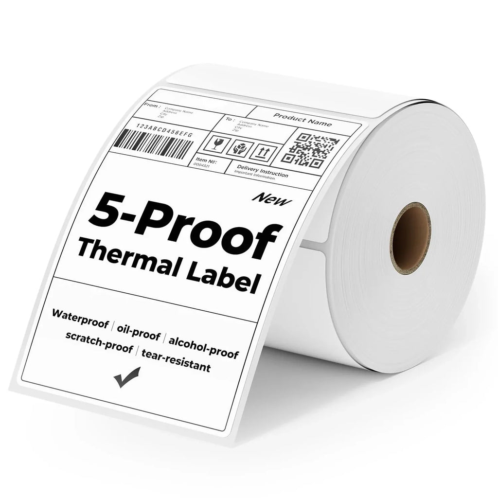 Close-up of white thermal label roll printed with “5-Proof” and shipping barcode block