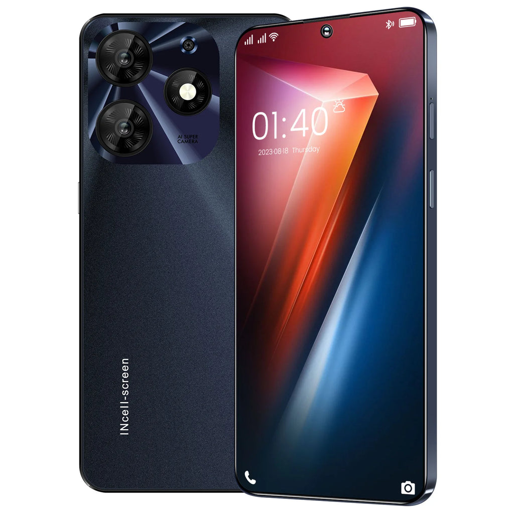 Tidesmit 5G Android Smartphone with 7.3-inch display, dual SIM, high RAM, and large storage capacity.