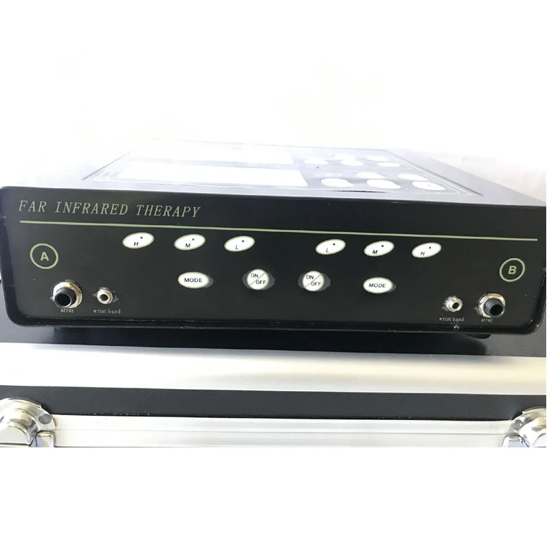 Dual detox foot spa machine with control panel for ionic bath and far infrared therapy in a portable case.