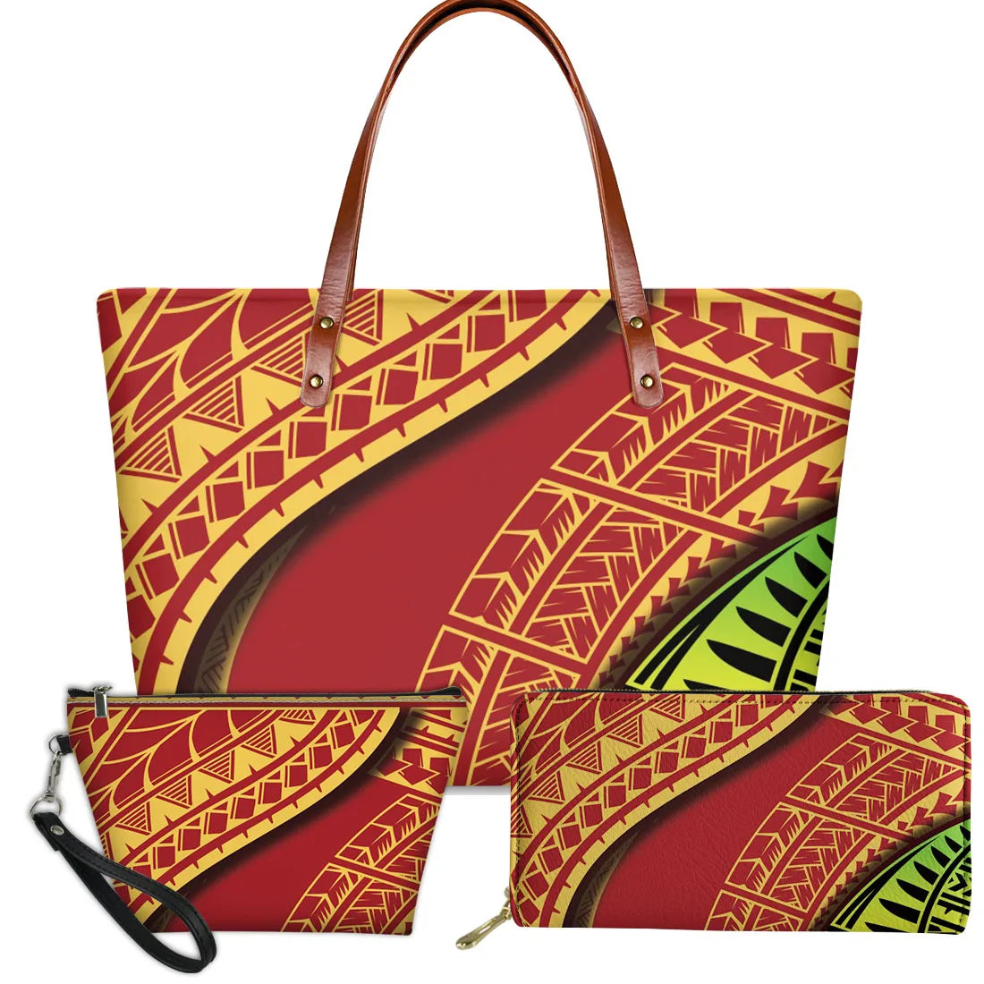 3-piece red and yellow Polynesian tribal print handbag set with leather straps, turtle motifs, and matching wallets.