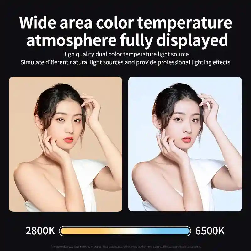 Dual color temperature LED light showing the difference between warm 2800K and cool 6500K lighting on a subject's face.