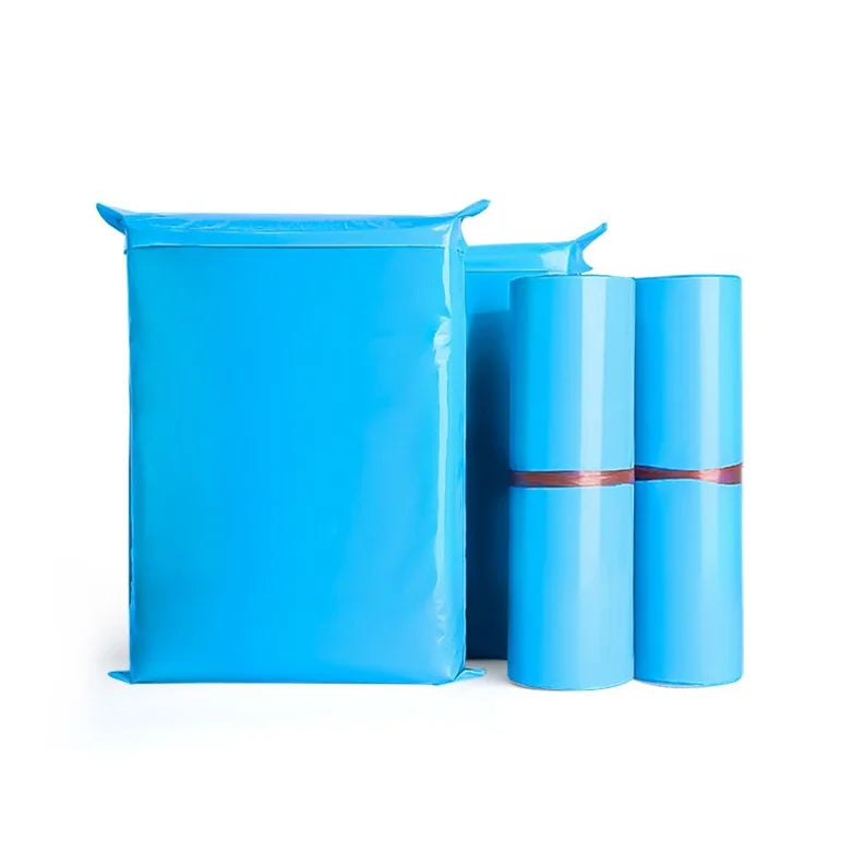 Waterproof poly mailer bag in matte light blue with self-seal strip, plus rolled liners