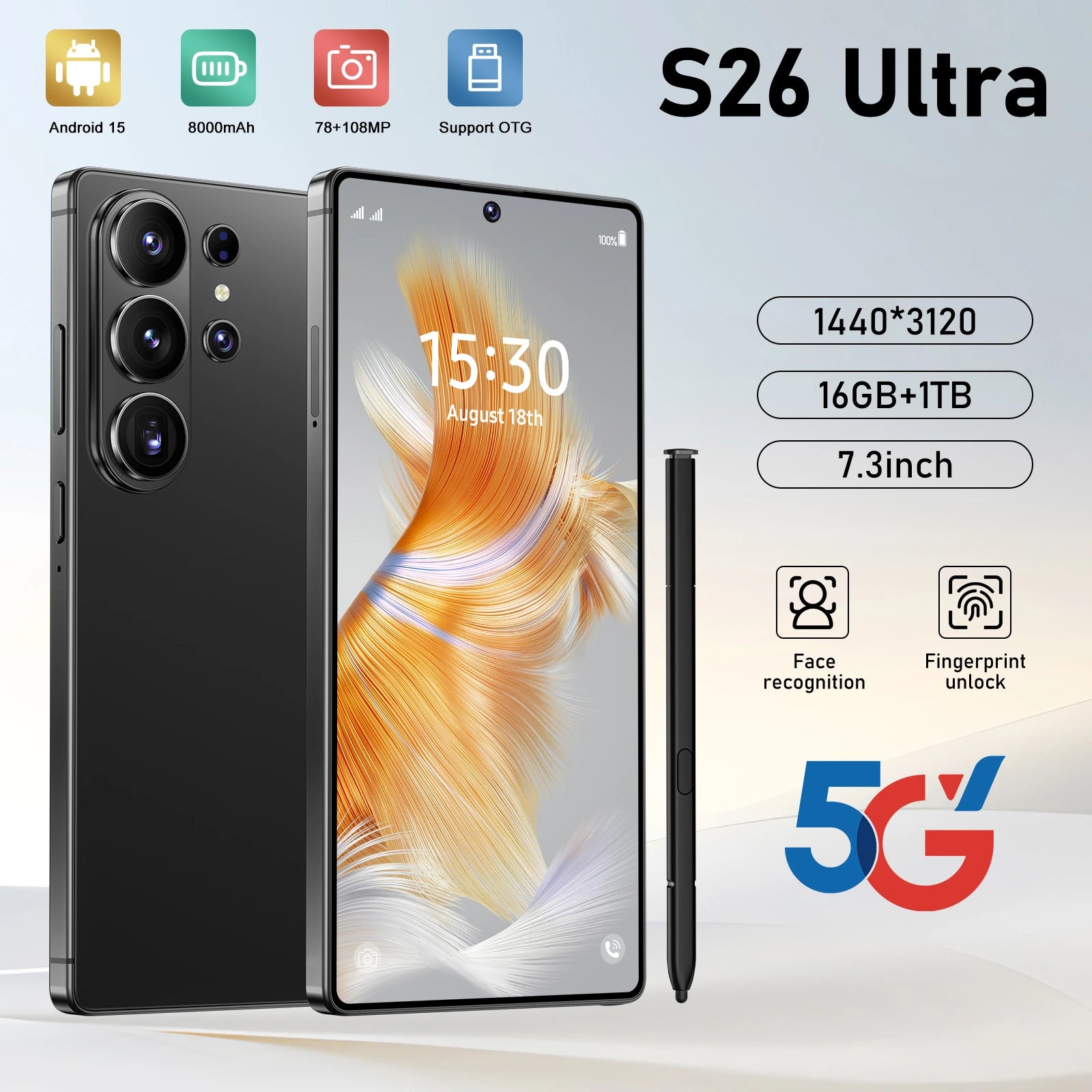 2026 S26 Ultra smartphone featuring 7.3 inch 144Hz display, 16GB RAM, 1TB storage, and 108MP camera, unlocked