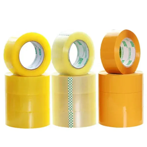 Yellow packing tape rolls, three rolls with visible inner cores