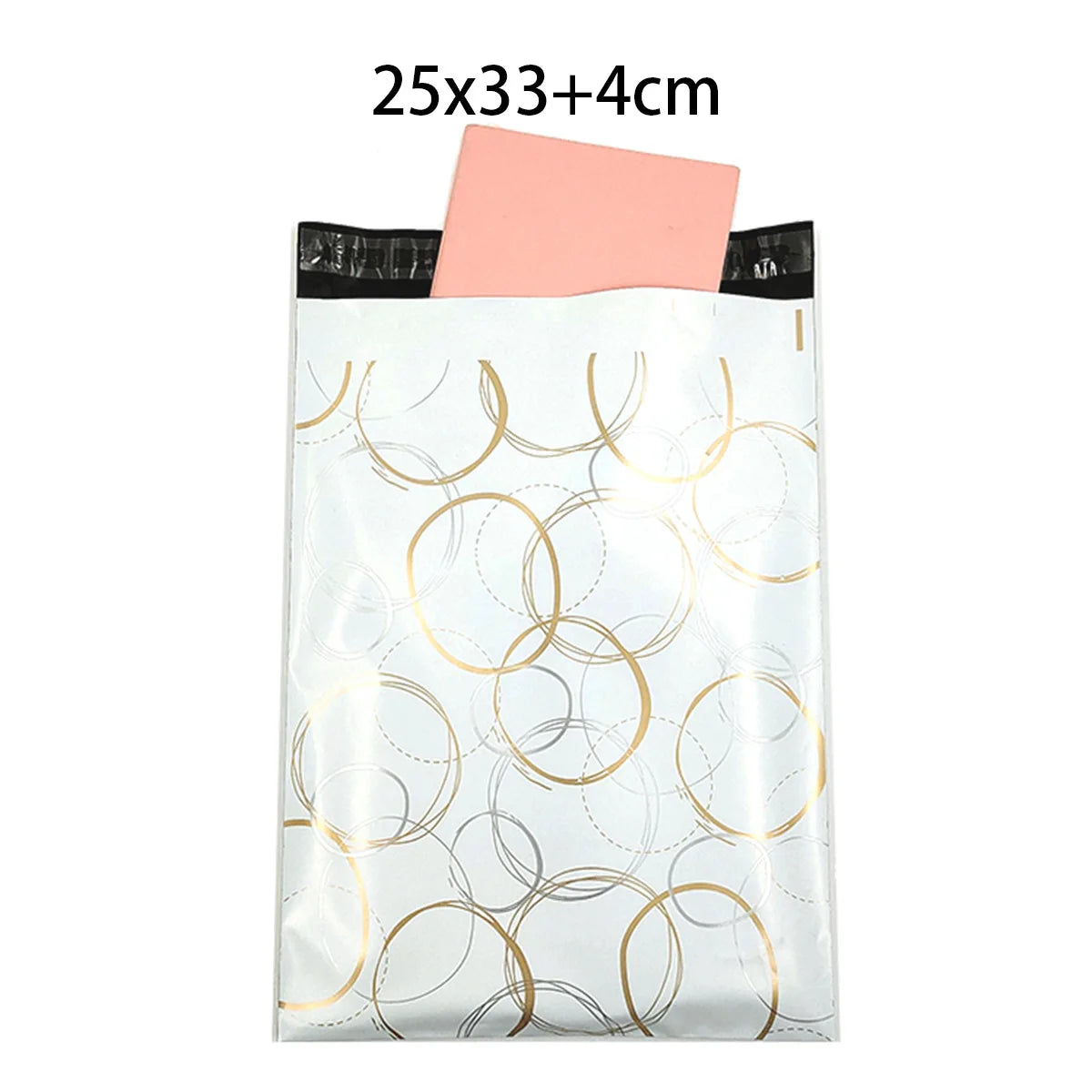 White poly mailer shipping bag with gold circle pattern and handle opening, size 25x33+4cm.
