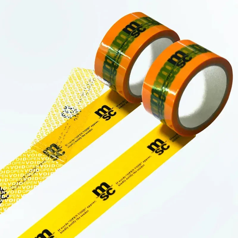 Yellow tamper-evident security seal void tape with VOID pattern and branded logo