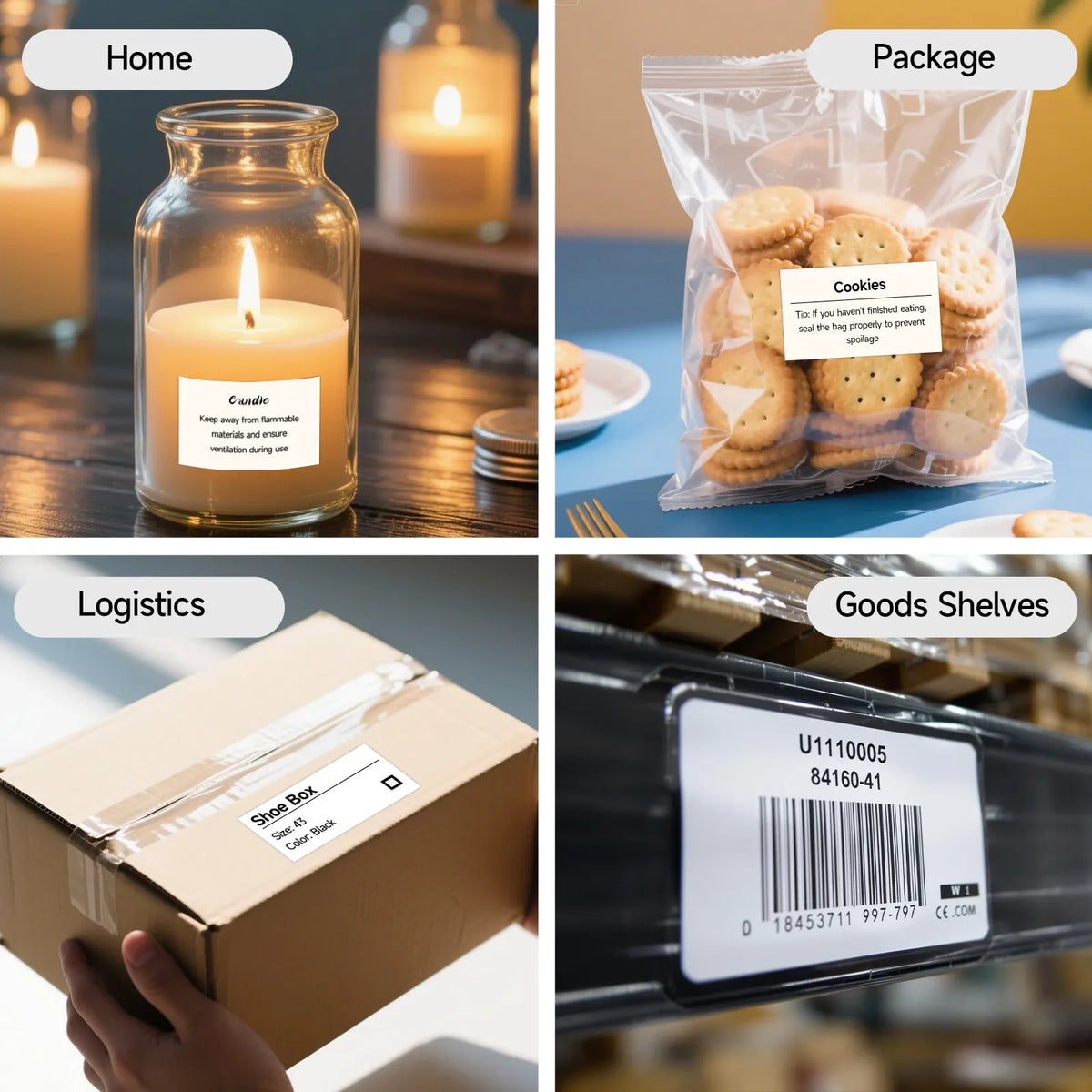 White thermal label tape used for labeling packages, with barcode sticker examples