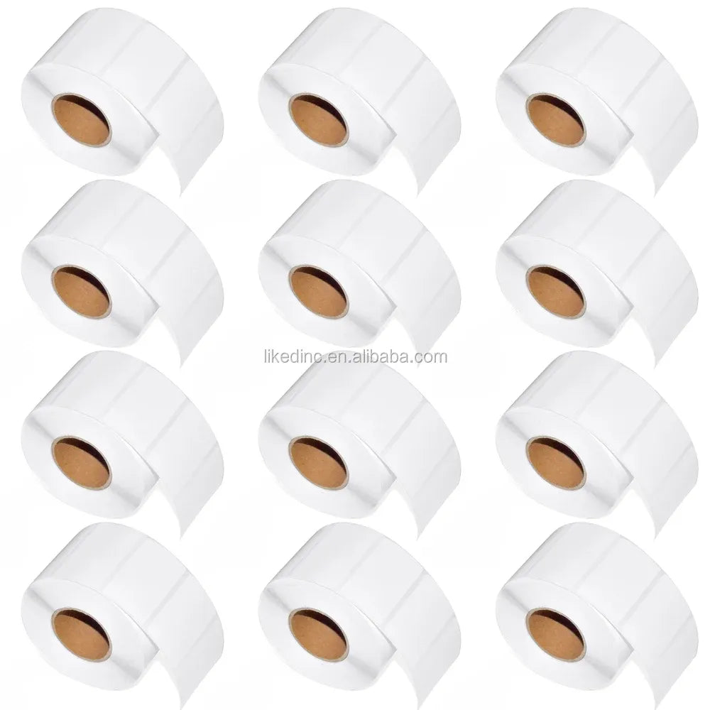 Multiple views of white thermal label rolls with blank adhesive label sheets