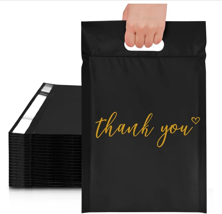 Black self-sealing waterproof mailer bag with 'thank you' print and top seal