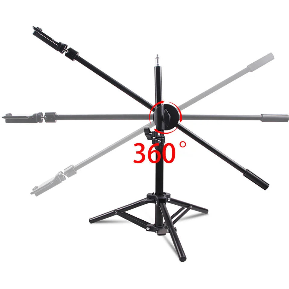 Black metal tripod stand with a 360-degree rotating boom arm and phone holder for overhead photography and recording.