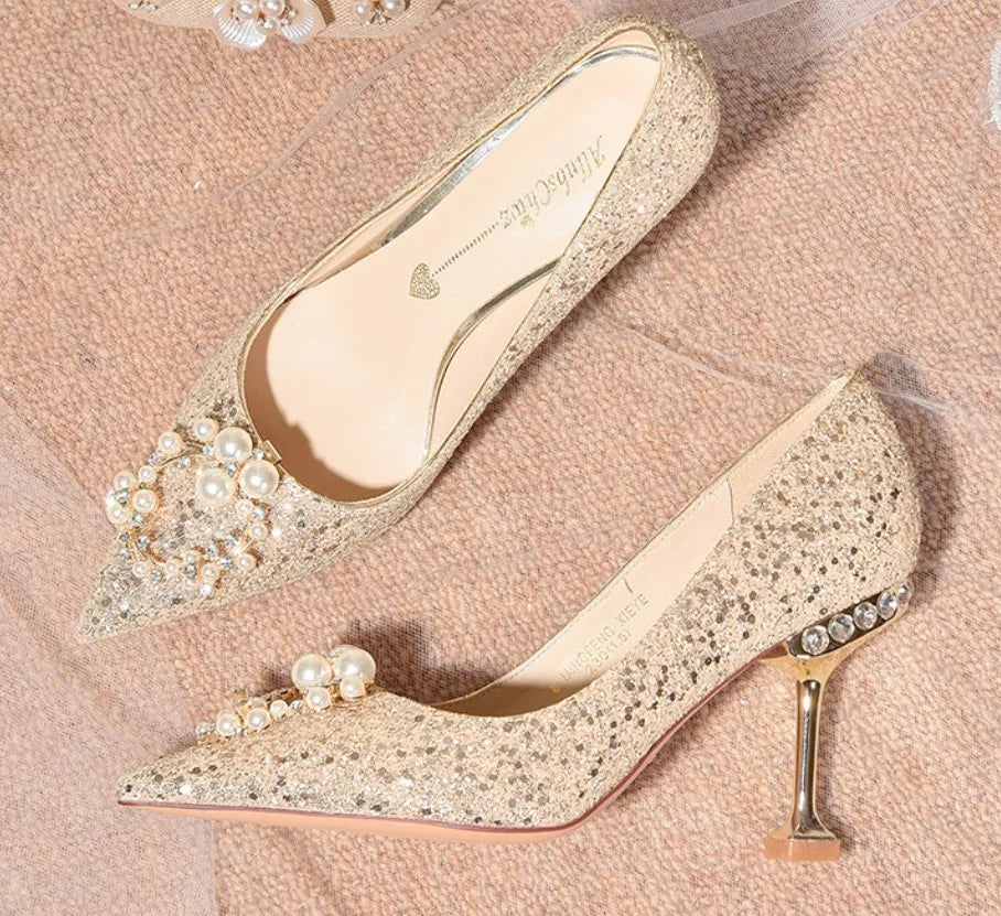 Luxury Shiny Champagne Gold High-heeled Women's Shoes Pointed Toe Designer Heels Ladies Sexy Bridal Wedding Gowns Shoe