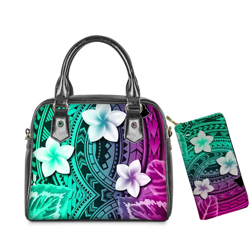Leather purse and wallet set with vibrant Polynesian tribal patterns, colorful plumeria flowers, and teal-purple ombre.