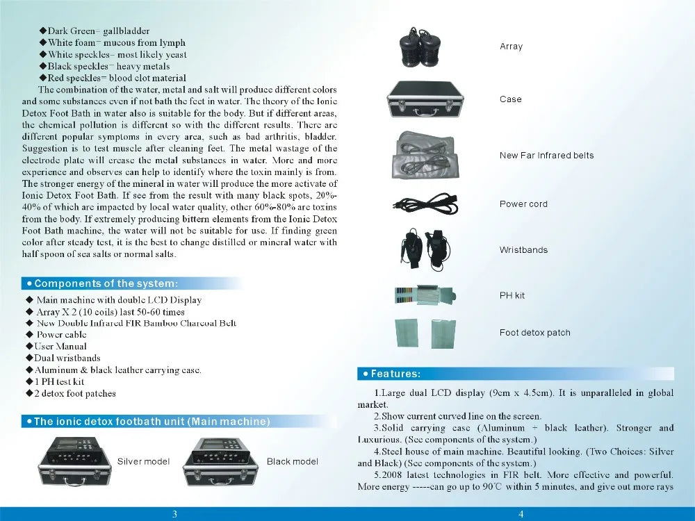 Dual ionic detox foot spa machine with LCD display, far infrared belt, arrays, and carrying case in silver and black.