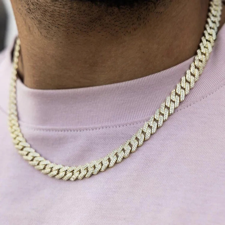8mm-12mm Width 100% Pass Tester 18k Gold Plated 2rows VVS Moissanite  925 Silver Cuban Link Chain for Hip Hop Rapper Jewelry