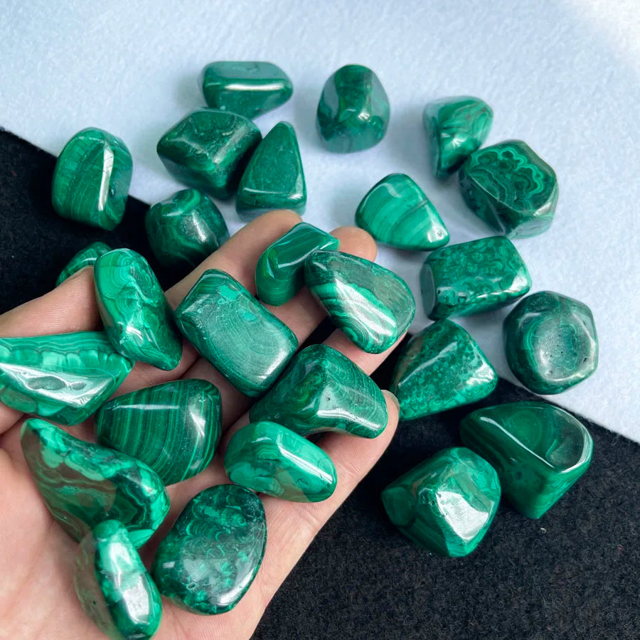 Hand holding tumbled malachite stones, glossy dark green in varied shapes