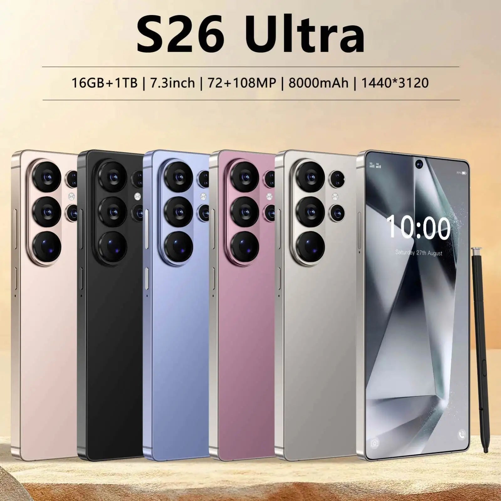 S26 Ultra smartphone featuring a 7.3 inch screen, 16GB RAM, 1TB storage, and dual SIM capability