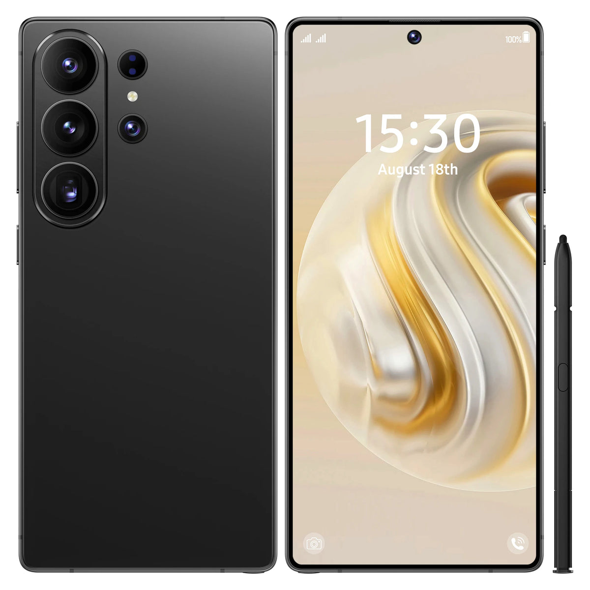Black smartphone with stylus, front and back view, triple rear cameras