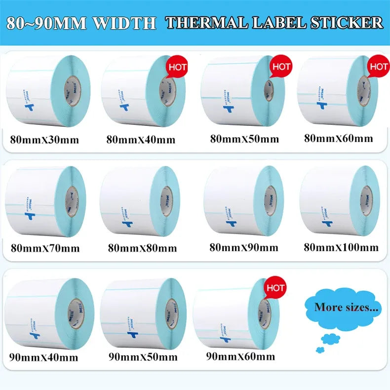 Thermal barcode label sticker rolls, white paper with light blue backing, various sizes