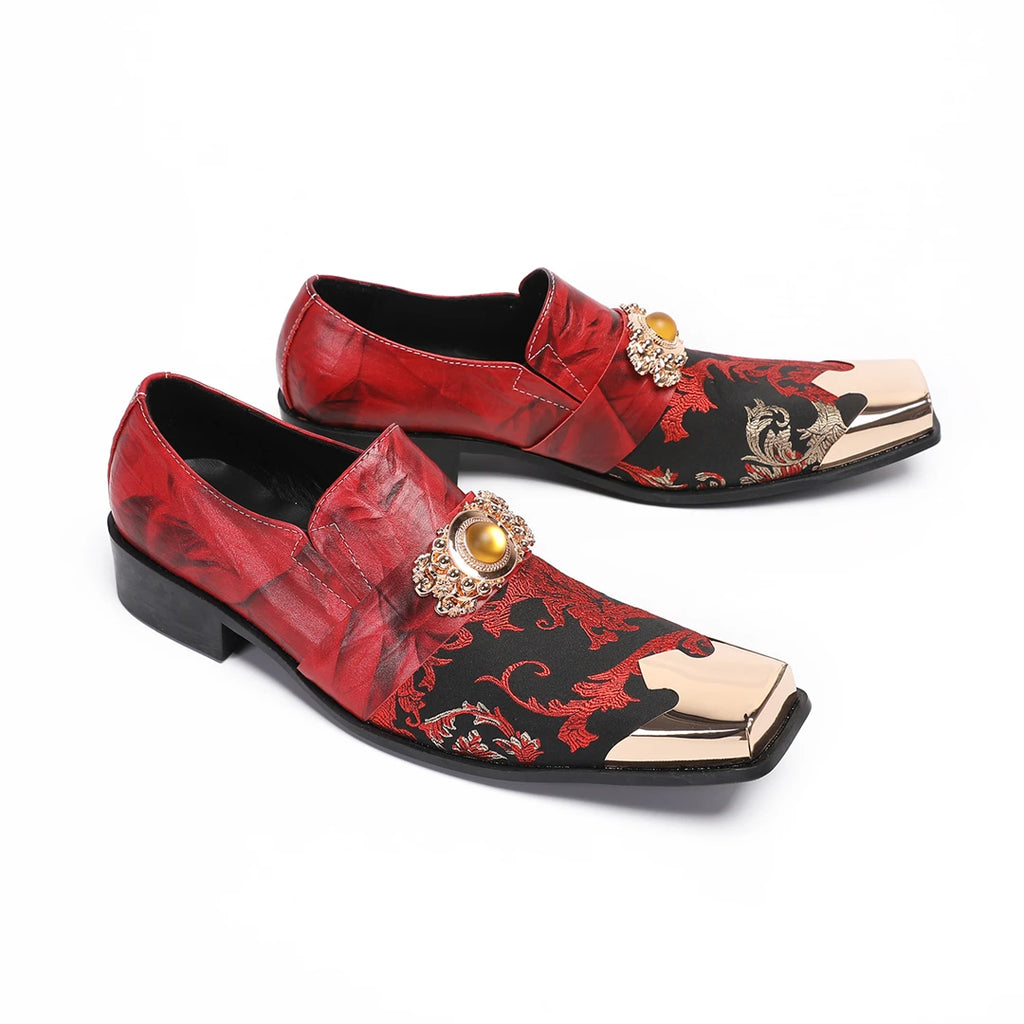Luxury red floral print loafers, gold metallic square toe, jeweled brooch, leather construction, black sole.