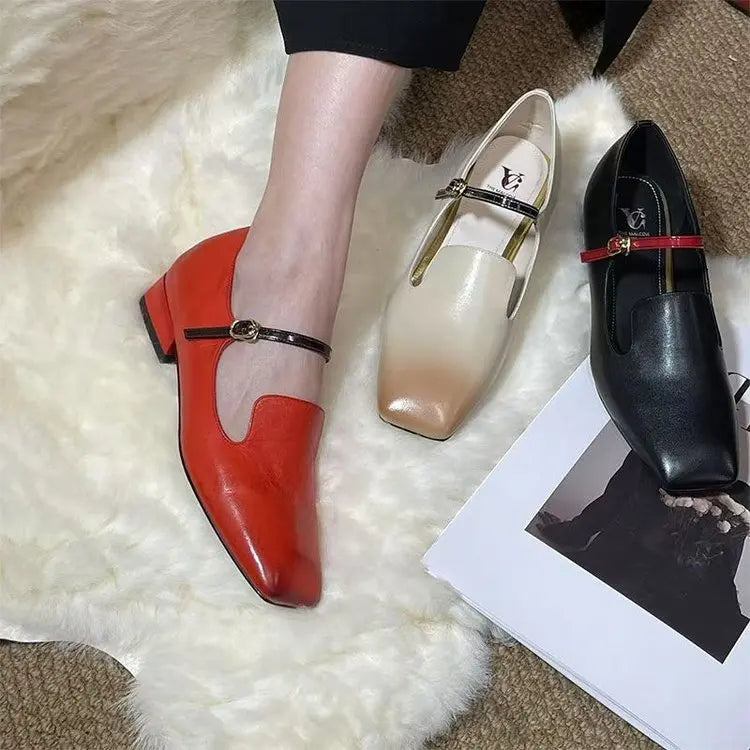 Wholesale Dark Green PU Mary Jane Heels Loafers Women Square Toe Mixed Color Block Heel Office Pumps