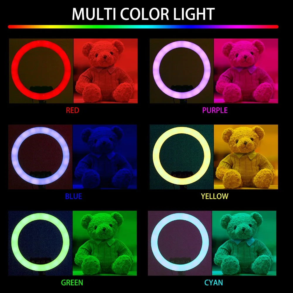 Circular LED ring light showing six color options—red, purple, blue, yellow, green, and cyan—illuminating a teddy bear.