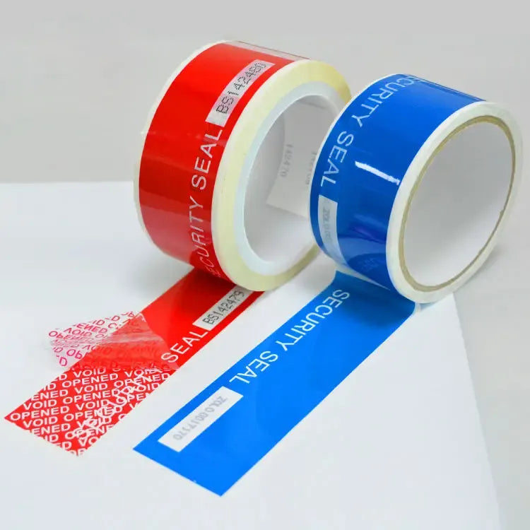 Red and blue security seal tape rolls with printed “SECURITY SEAL” wording