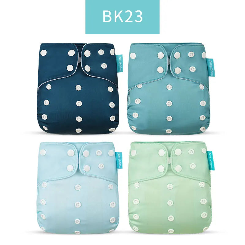 Happy Flute adjustable cloth baby diapers in blue and green shades, 4-pack set with snap button closures.