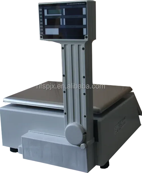 Gray wireless scale labeler with touchscreen display and metal weighing platform