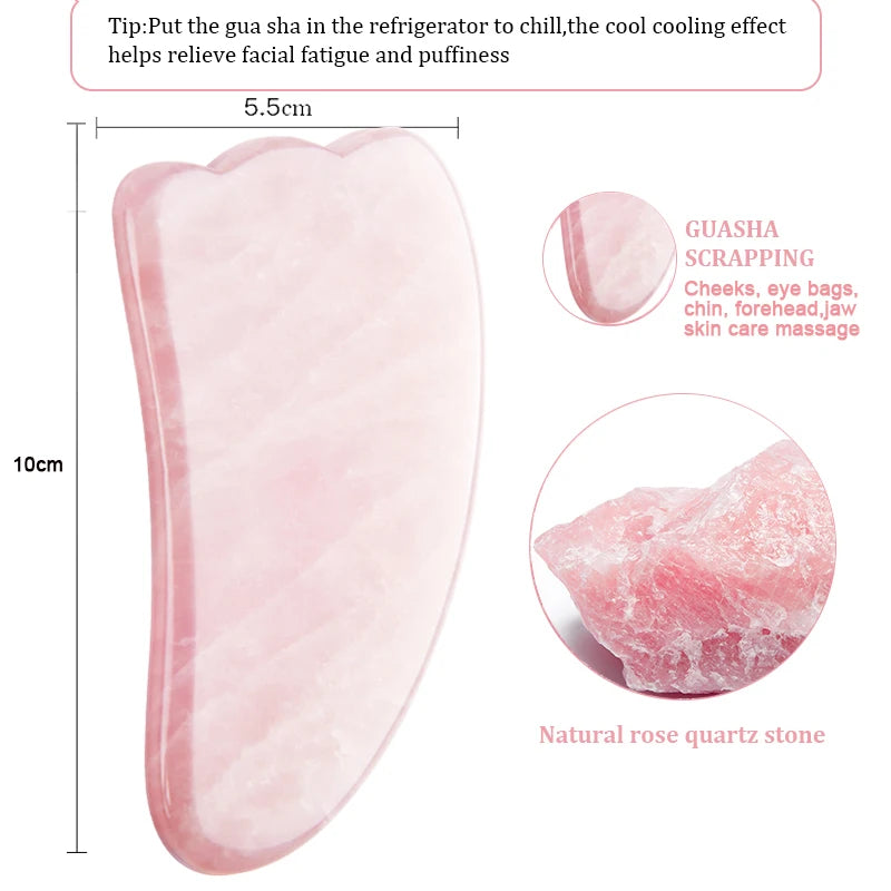 Pink rose quartz gua sha tool, comb-shaped for facial massage, with dimensions and a natural stone sample.